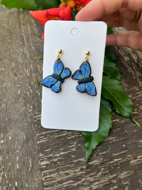 Blue and Black butterfly earrings on 24k gold filled posts